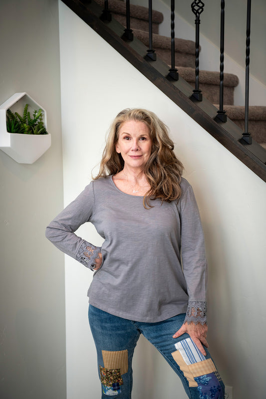 Lovely Lacy Long Sleeve Tee in Slate Blue