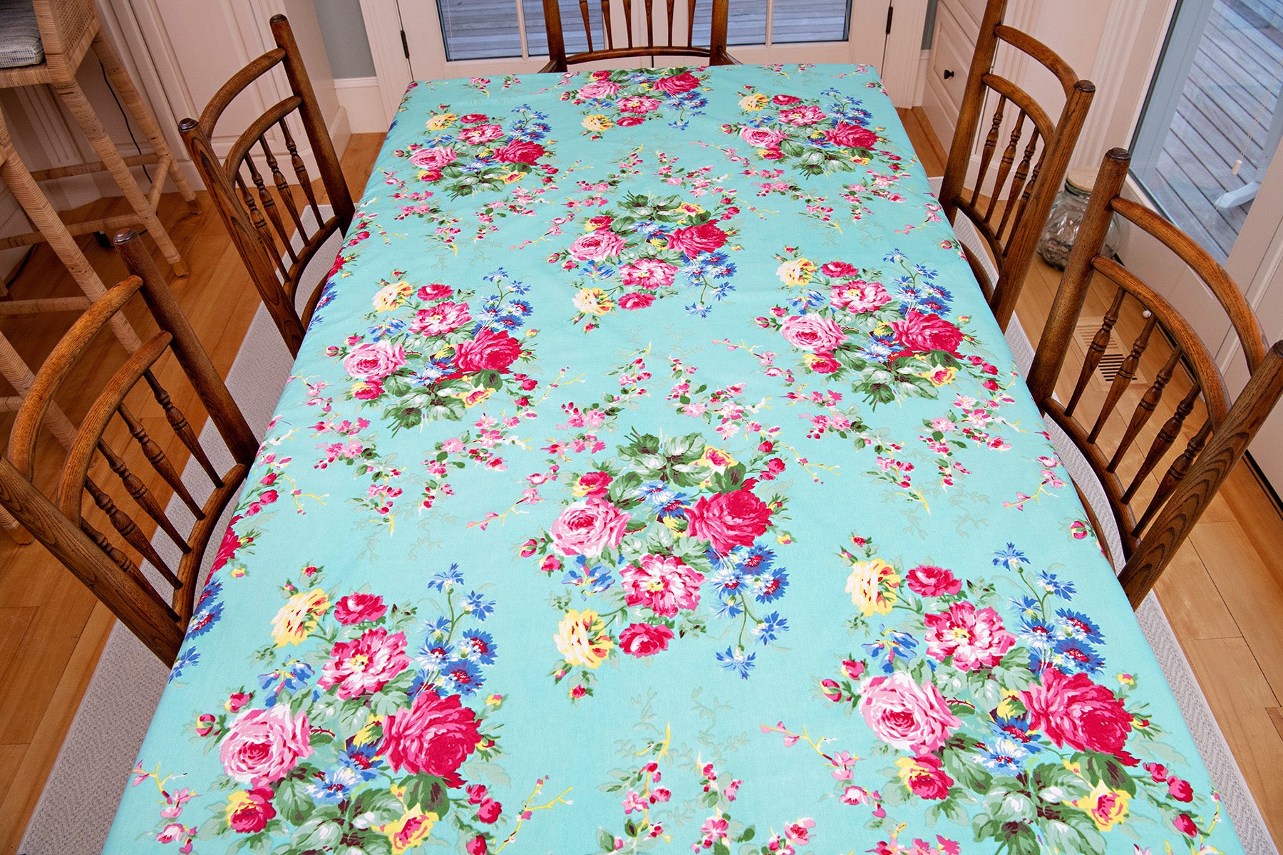 April Cornell Teal Cottage Rose Oil Tablecloth | April Cornell