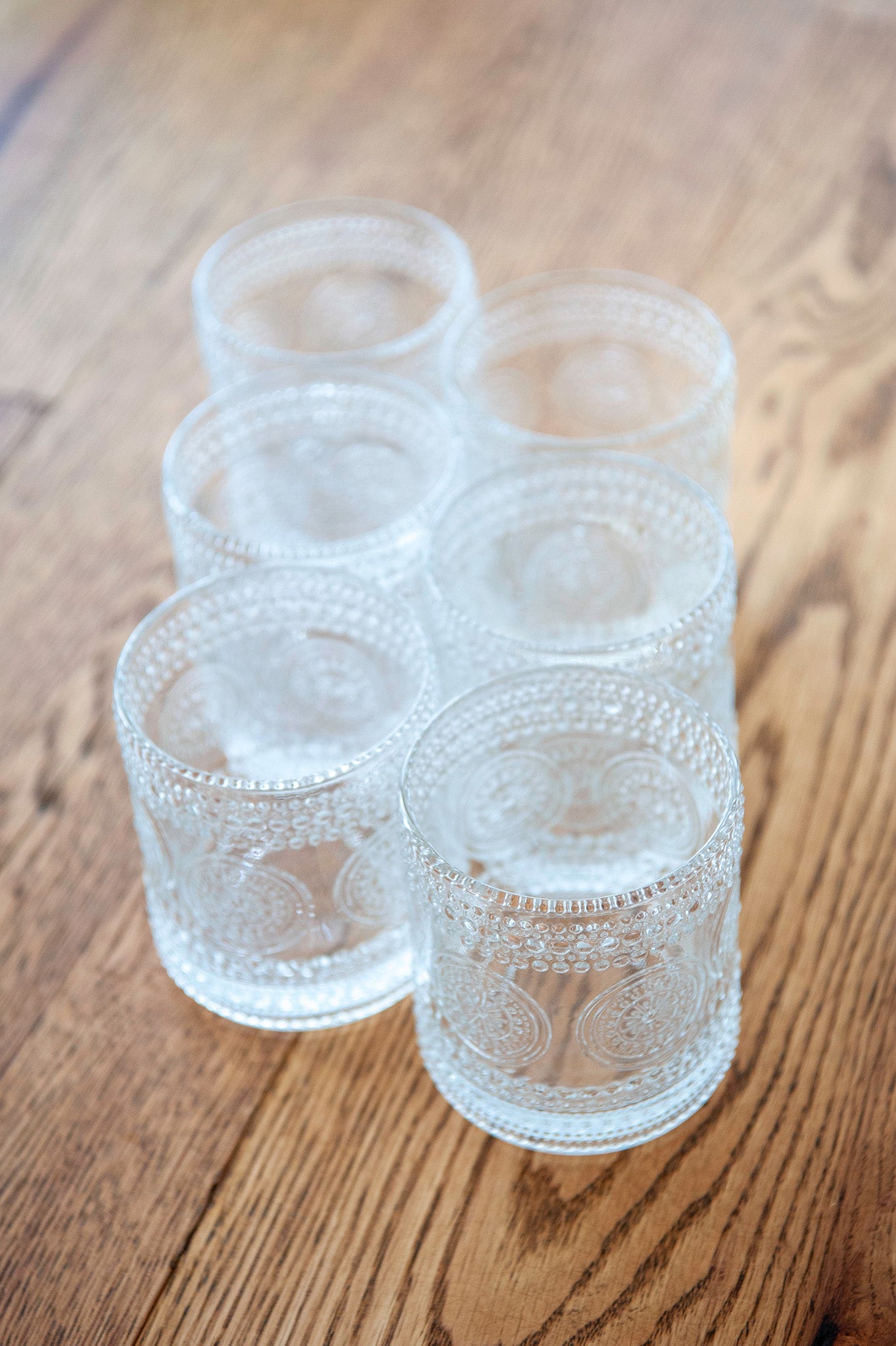 Hobnail Beaded Floral Clear Drinking Glasses — Set of 6, 10 oz.