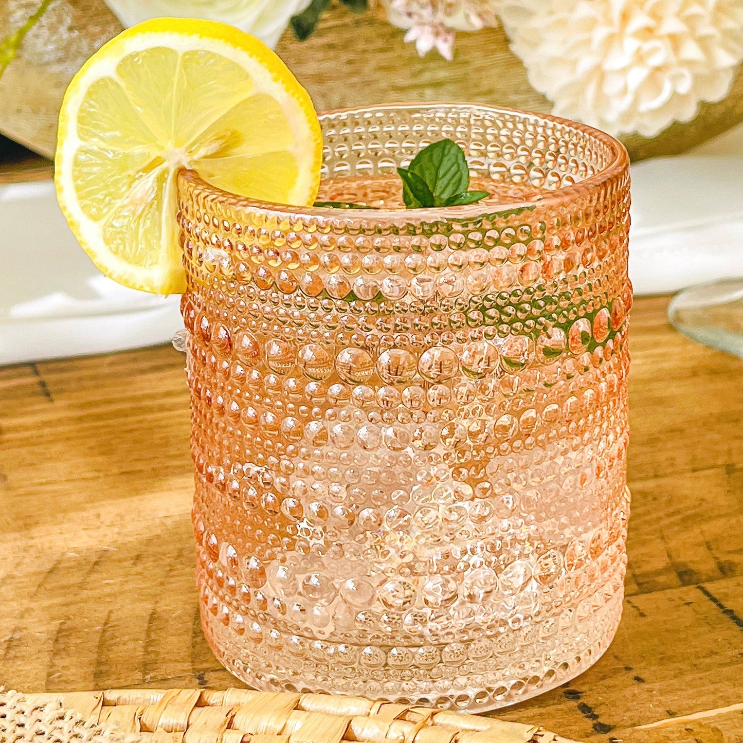 Hobnail Beaded Rose Gold Drinking Glasses — Set of 6, 10 oz.