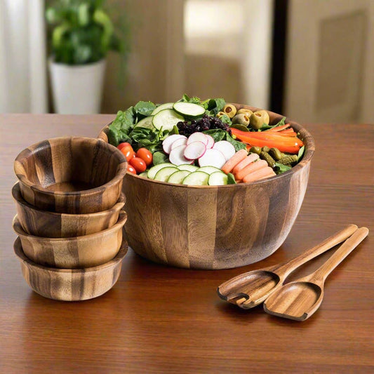 Fluted Wooden Salad Bowl Serving Set, 7-piece