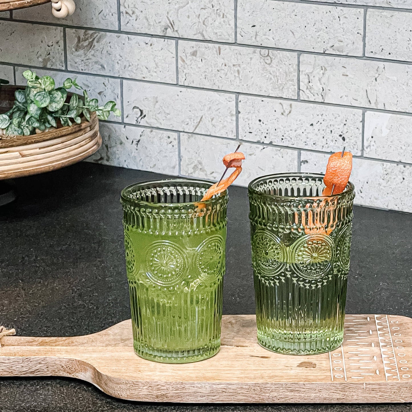 Hobnail Beaded Sage Green Drinking Glasses — Set of 6, 13 oz.