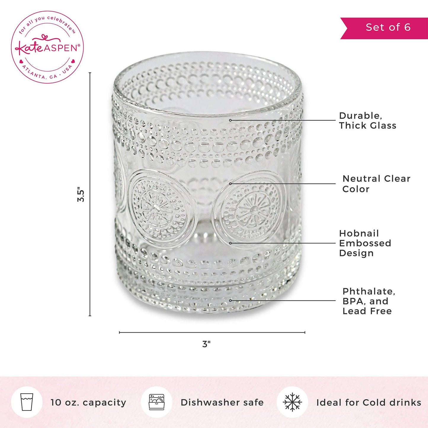 Hobnail Beaded Floral Clear Drinking Glasses — Set of 6, 10 oz.