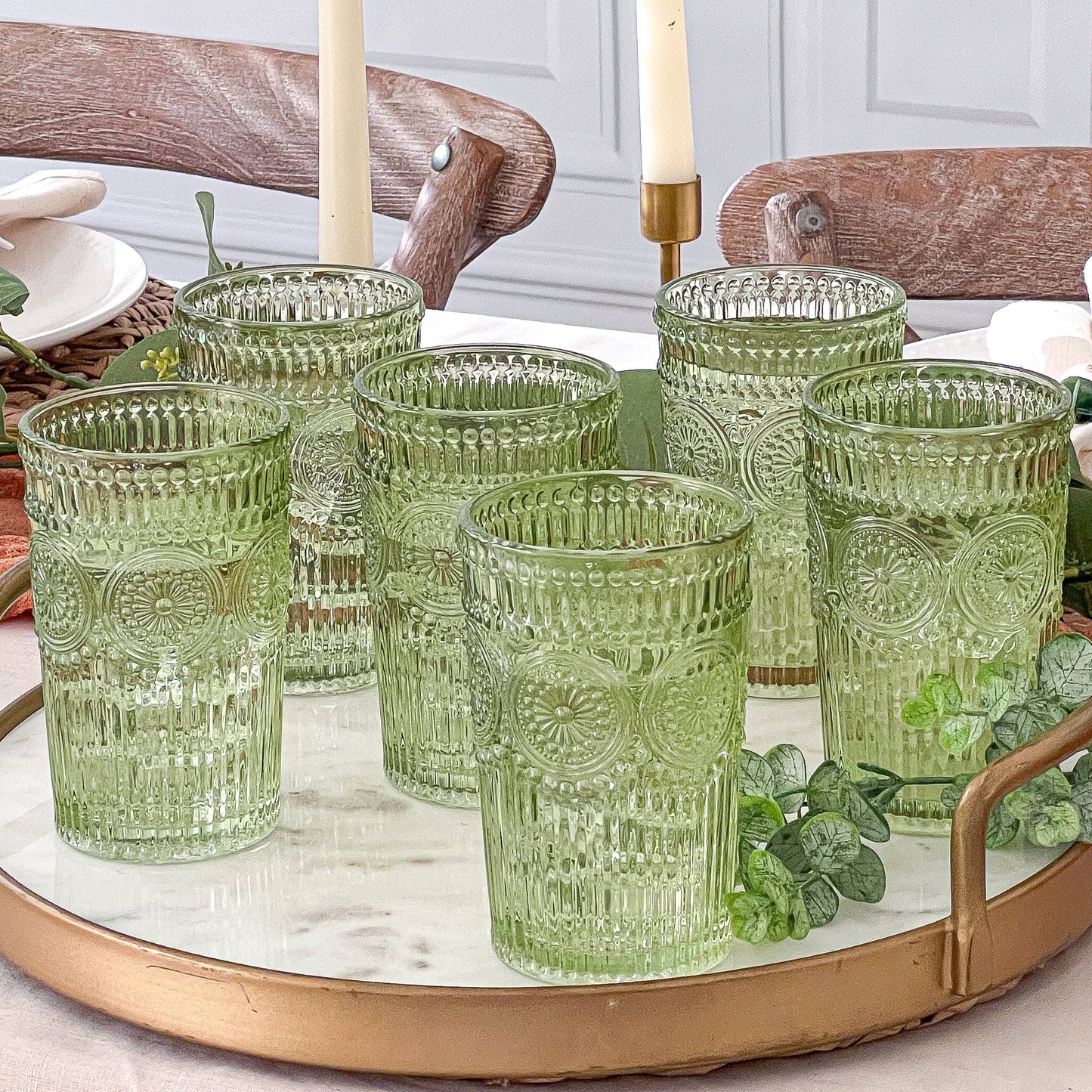 Hobnail Beaded Sage Green Drinking Glasses — Set of 6, 13 oz.