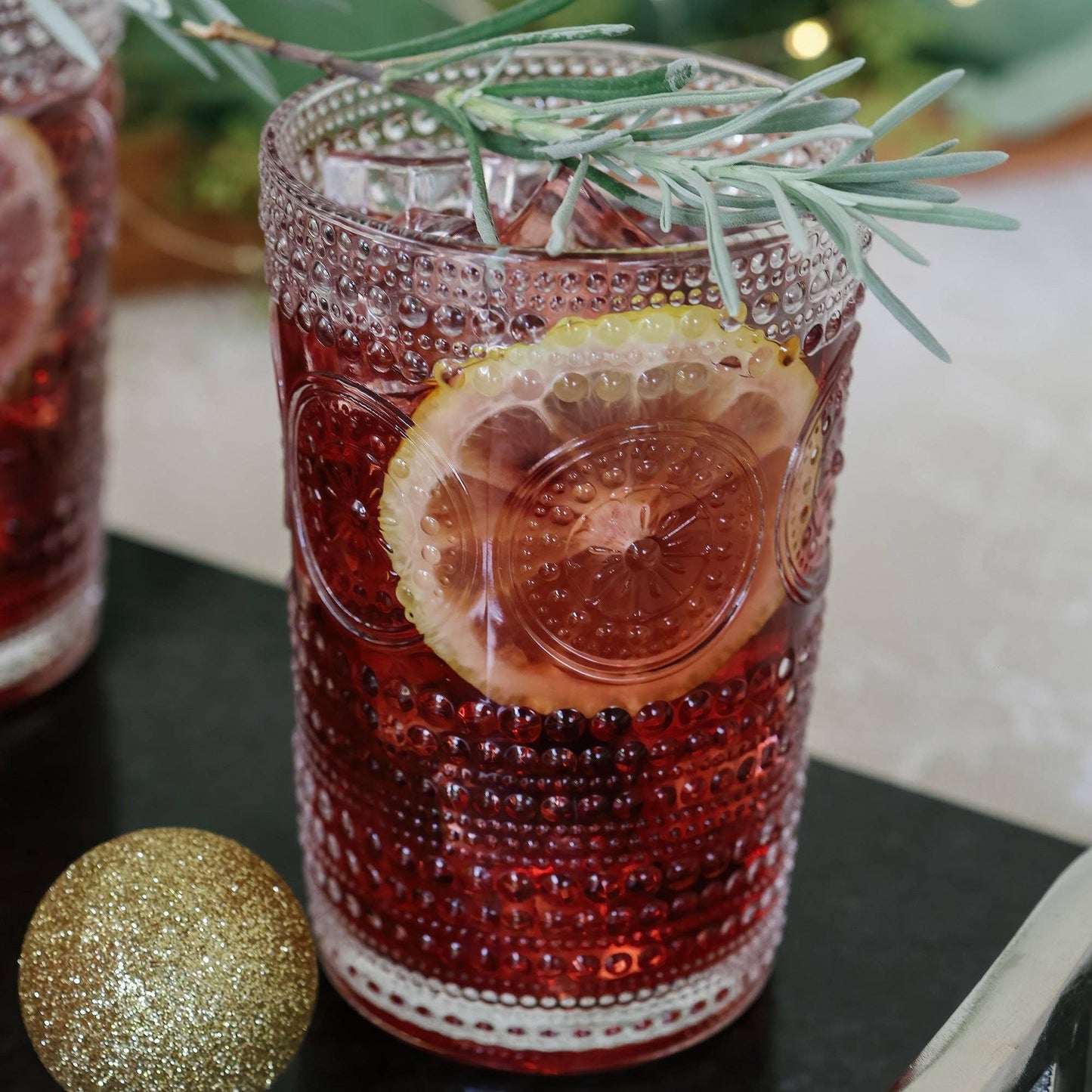 Hobnail Beaded Floral Clear Drinking Glasses — Set of 6, 13 oz.