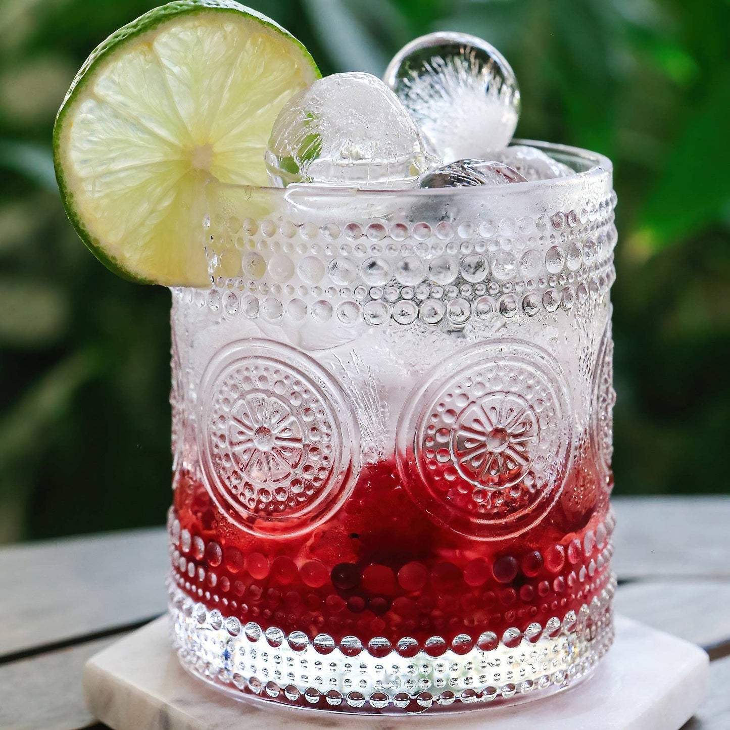 Hobnail Beaded Floral Clear Drinking Glasses — Set of 6, 10 oz.