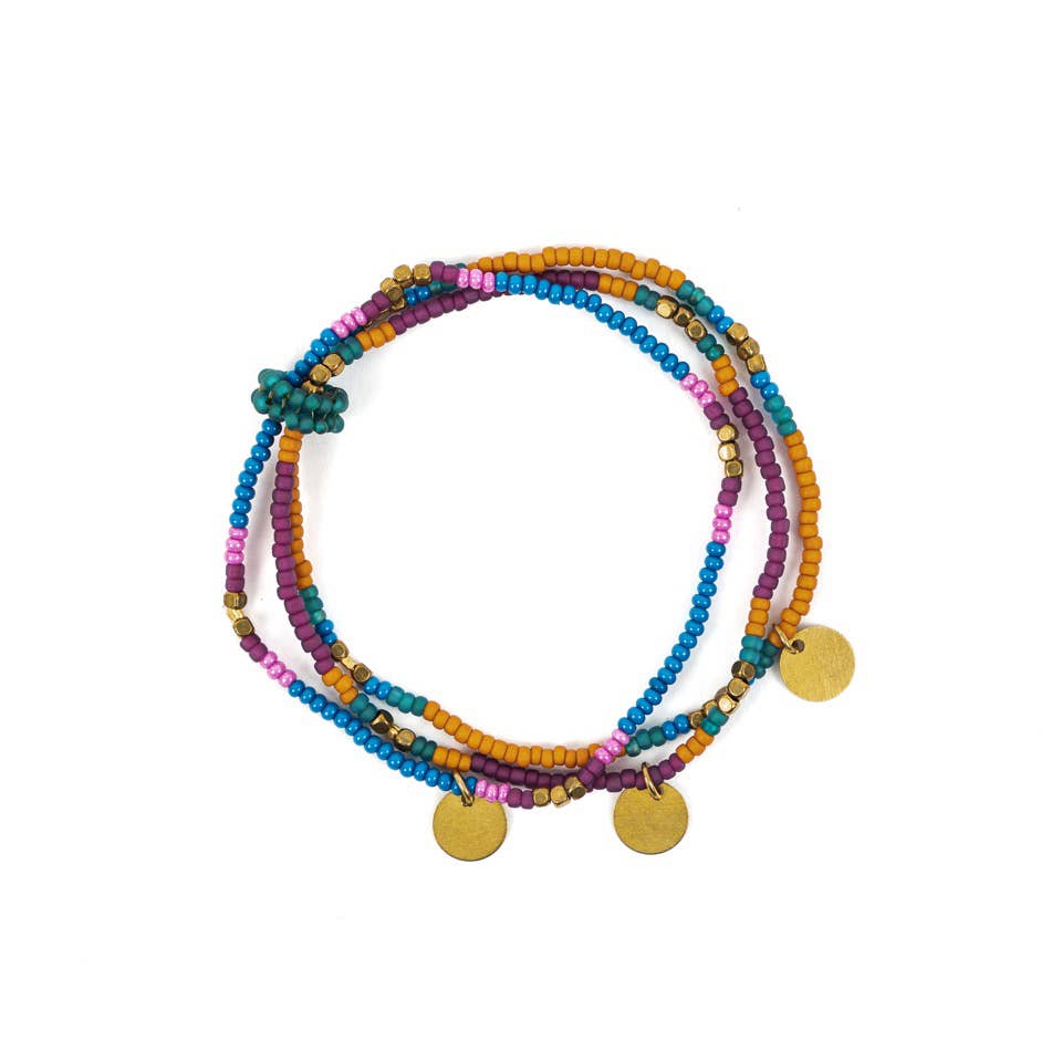 Free-Trade Triple Strand Beaded Bracelet in Deep Jewel