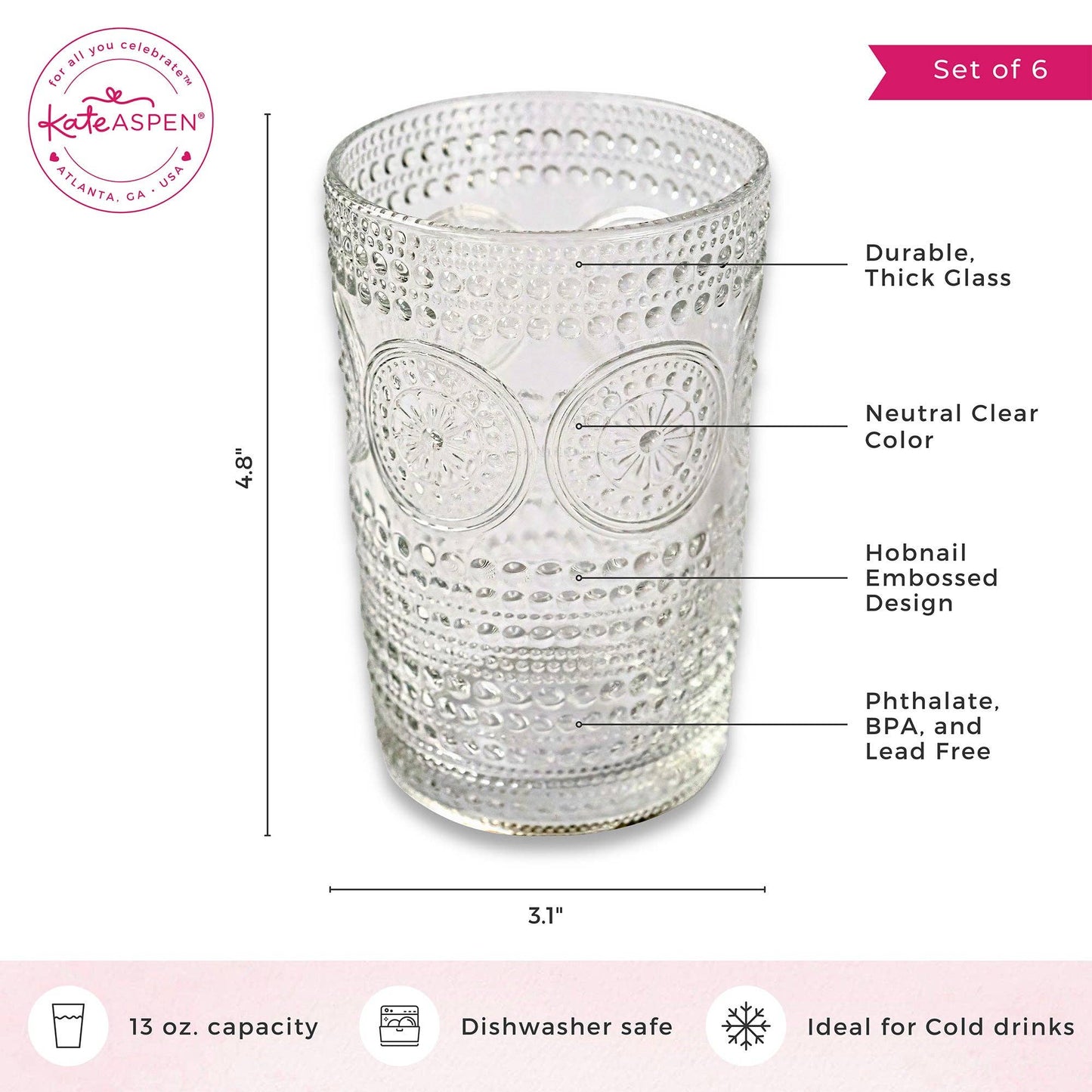 Hobnail Beaded Floral Clear Drinking Glasses — Set of 6, 13 oz.