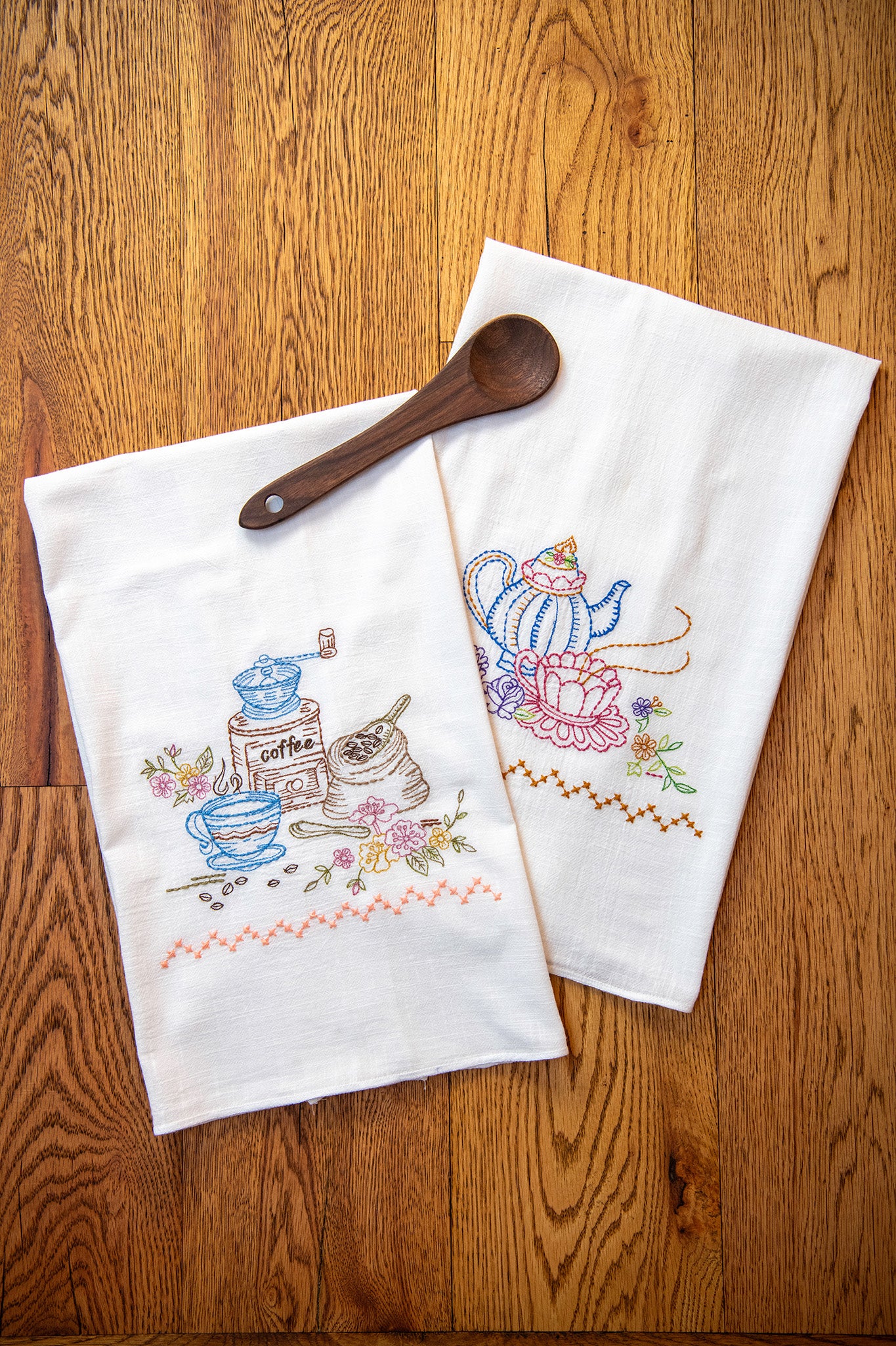 Coffee & Tea  Embroidered Tea Towels, Set of 2