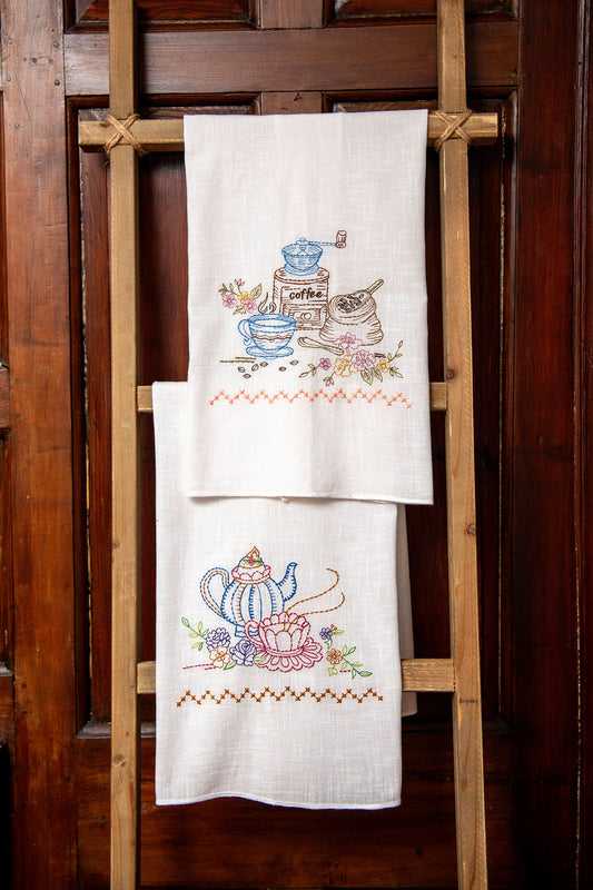 Coffee & Tea  Embroidered Tea Towels, Set of 2