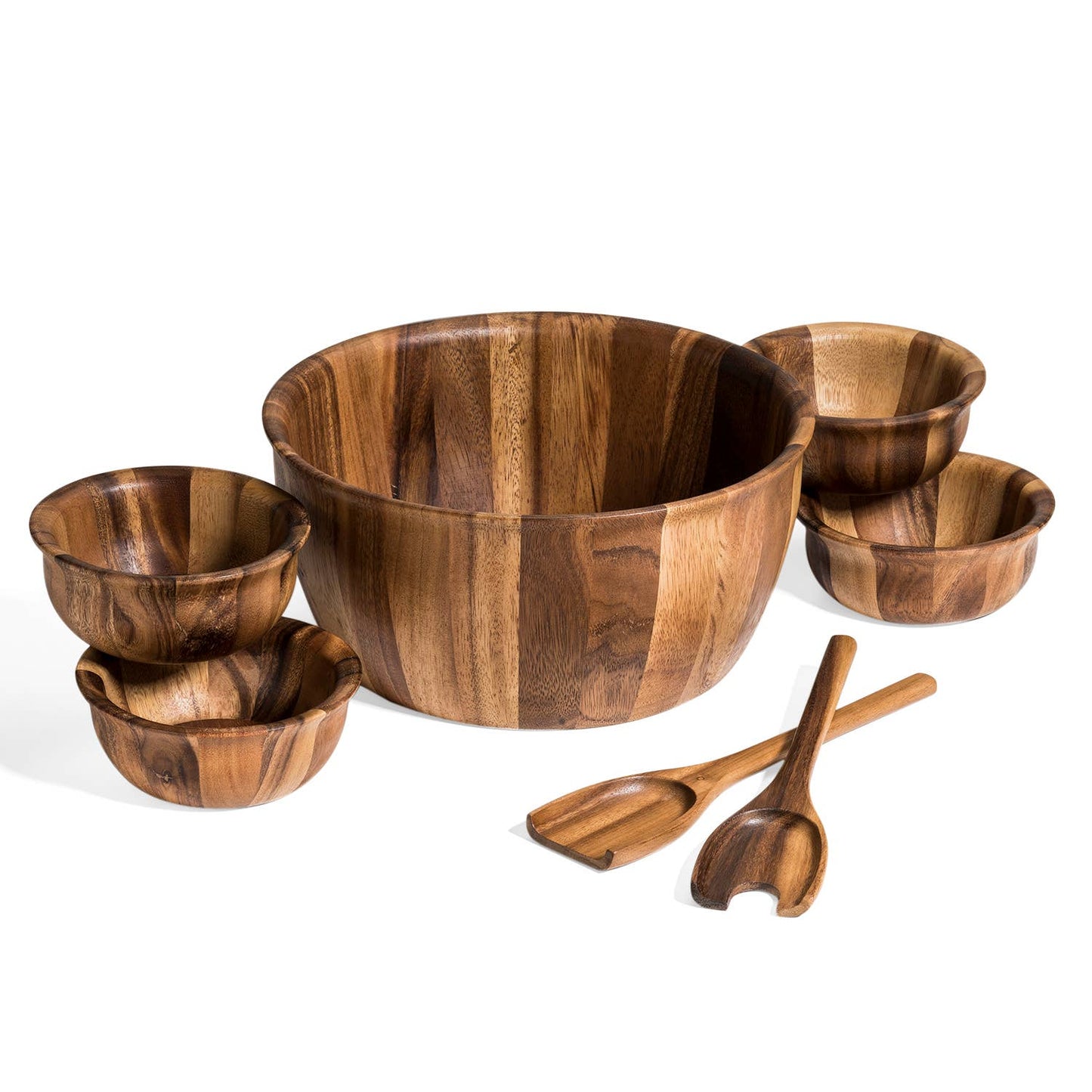 Fluted Wooden Salad Bowl Serving Set, 7-piece