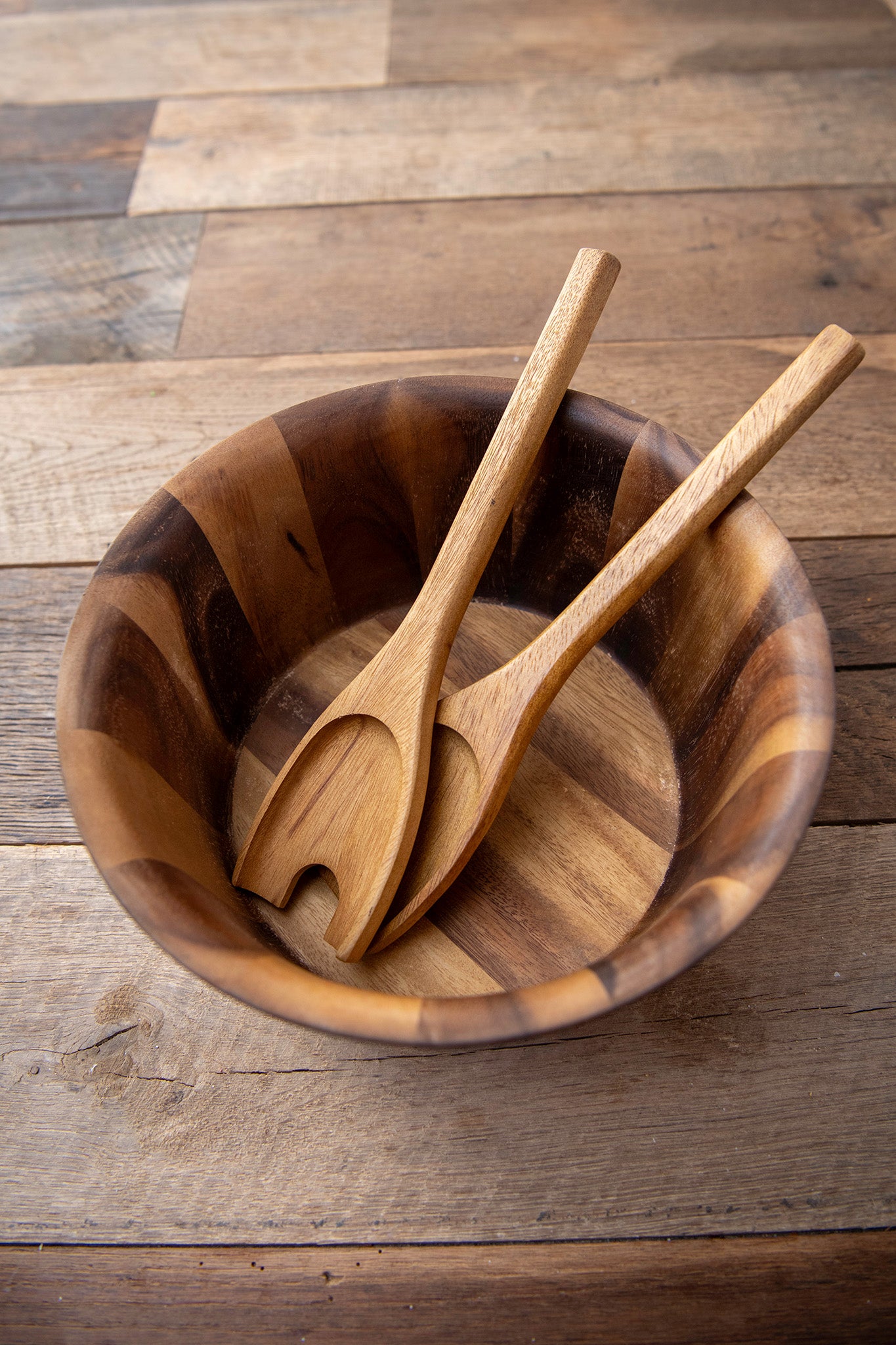 Fluted Wooden Salad Bowl Serving Set, 7-piece