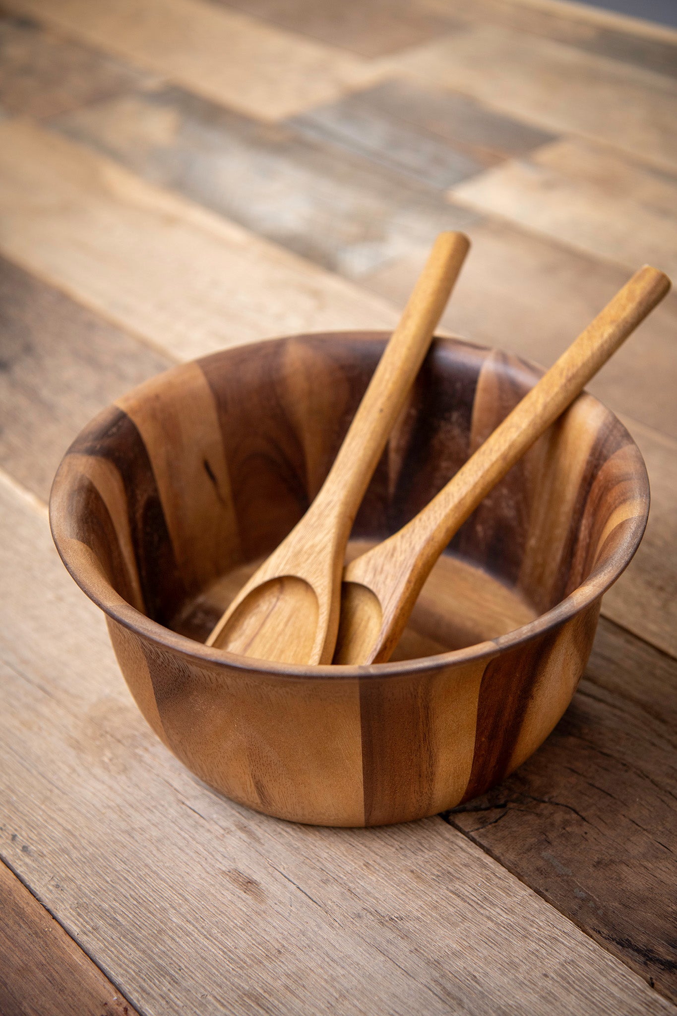 Fluted Wooden Salad Bowl Serving Set, 7-piece