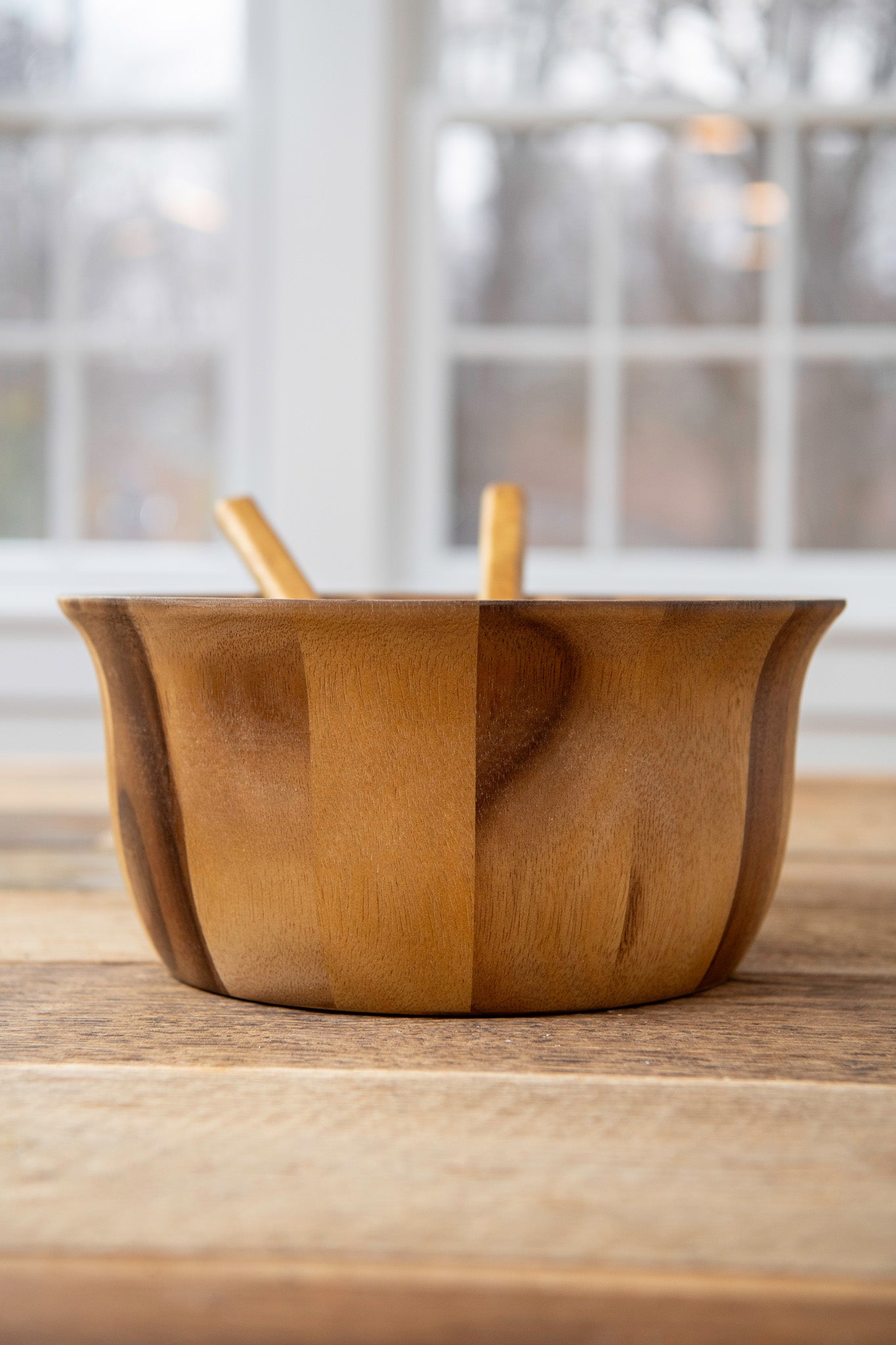 Fluted Wooden Salad Bowl Serving Set, 7-piece