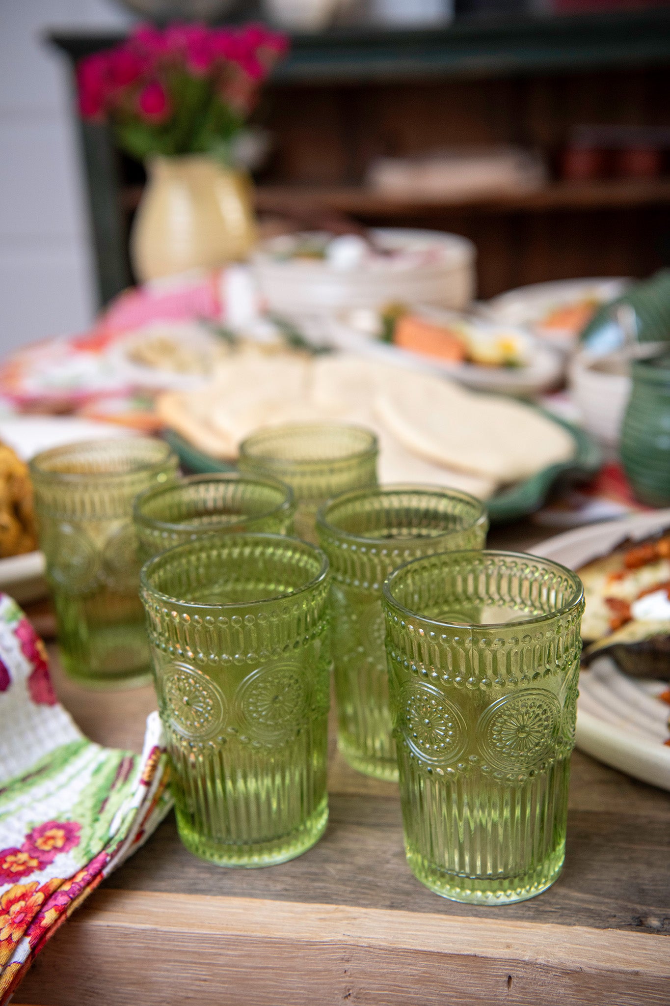 Hobnail Beaded Sage Green Drinking Glasses — Set of 6, 13 oz.