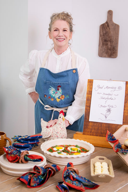 Blue Rooster Denim Embroidered Apron